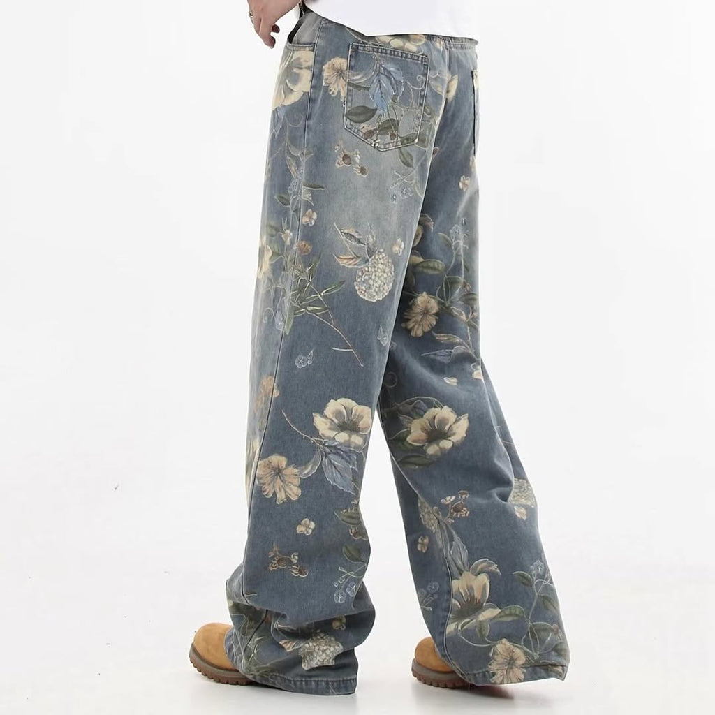Unisex Streetwear Jeans with Floral Print - Loose Fit Trendy Style