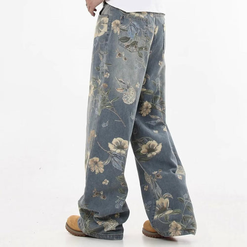 Unisex Streetwear Jeans with Floral Print - Loose Fit Trendy Style