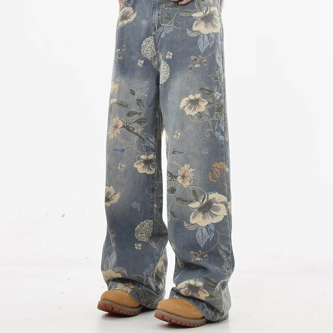 Unisex Streetwear Jeans with Floral Print - Loose Fit Trendy Style