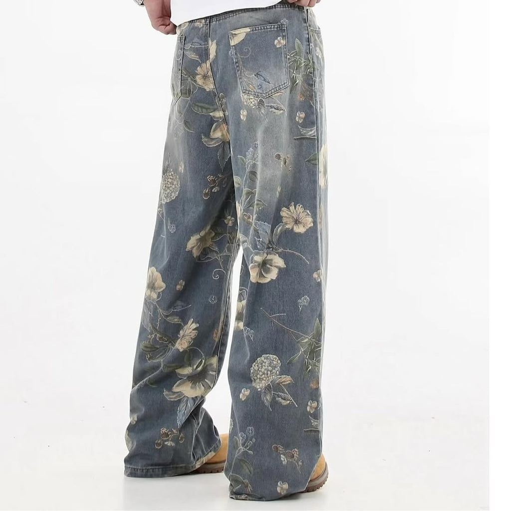 Unisex Streetwear Jeans with Floral Print - Loose Fit Trendy Style